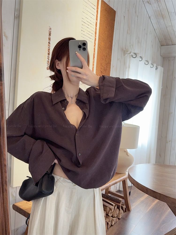 Half-Buttoned Plain Blouse with Collar and Long Sleeves