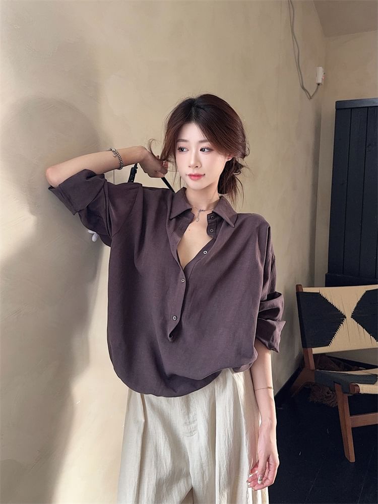 Half-Buttoned Plain Blouse with Collar and Long Sleeves