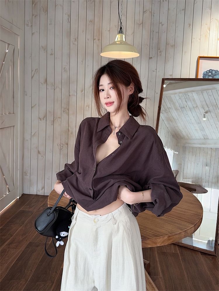 Half-Buttoned Plain Blouse with Collar and Long Sleeves