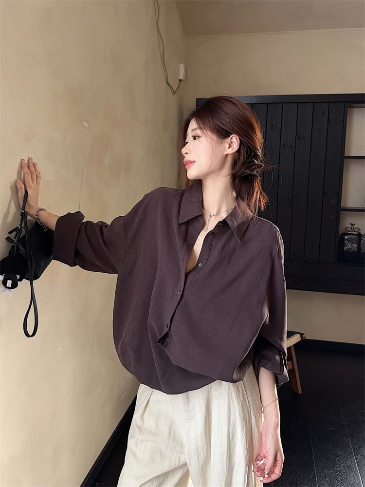 Half-Buttoned Plain Blouse with Collar and Long Sleeves