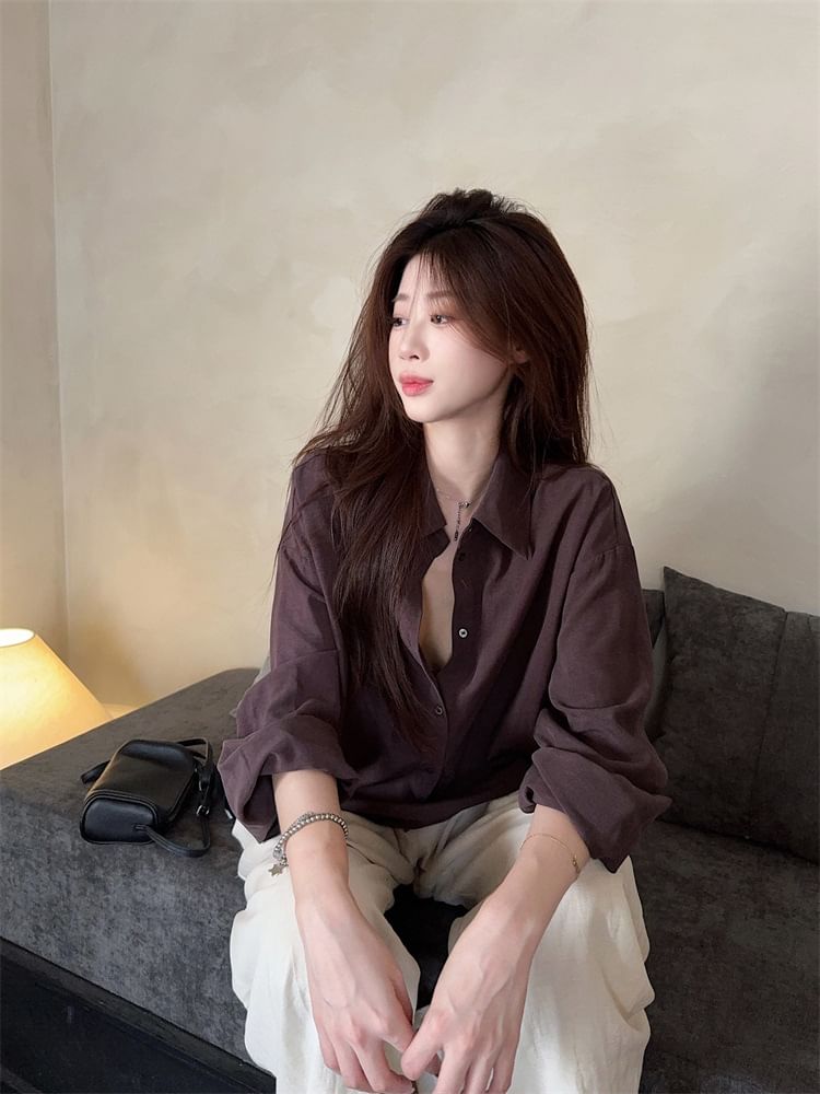 Half-Buttoned Plain Blouse with Collar and Long Sleeves