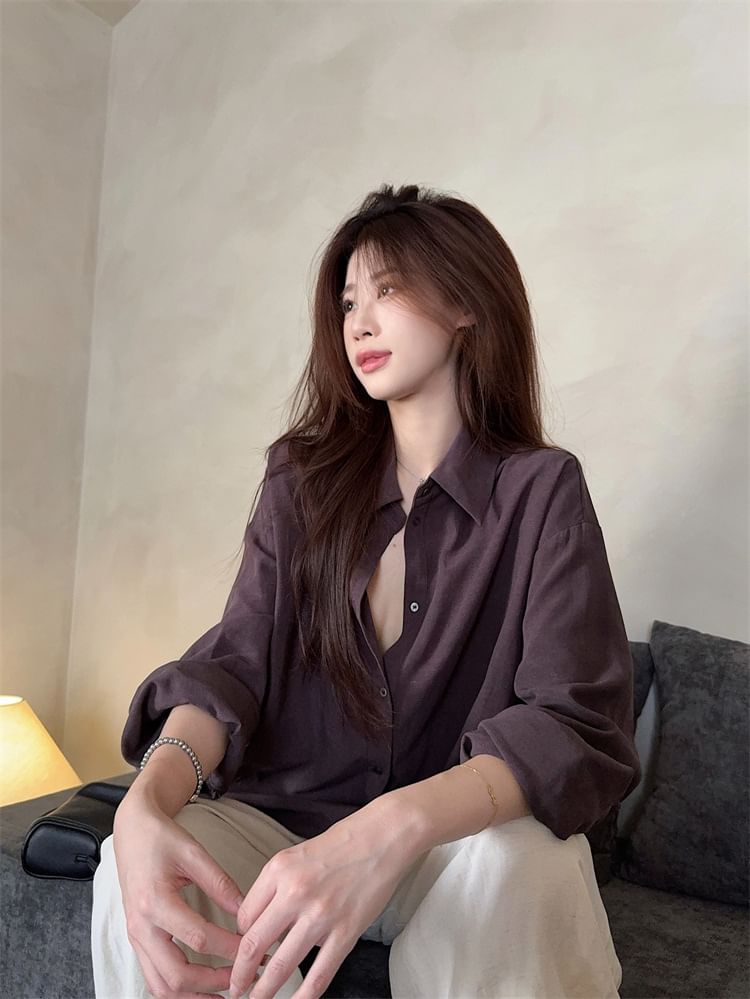 Half-Buttoned Plain Blouse with Collar and Long Sleeves