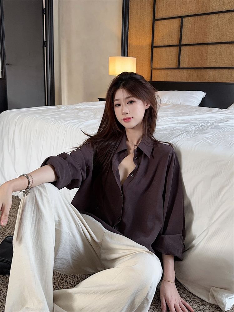 Half-Buttoned Plain Blouse with Collar and Long Sleeves