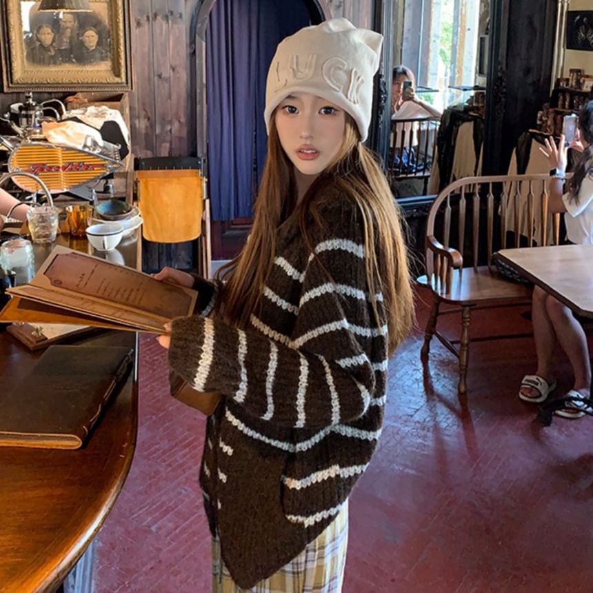 Hooded Striped Button-Up Cardigan