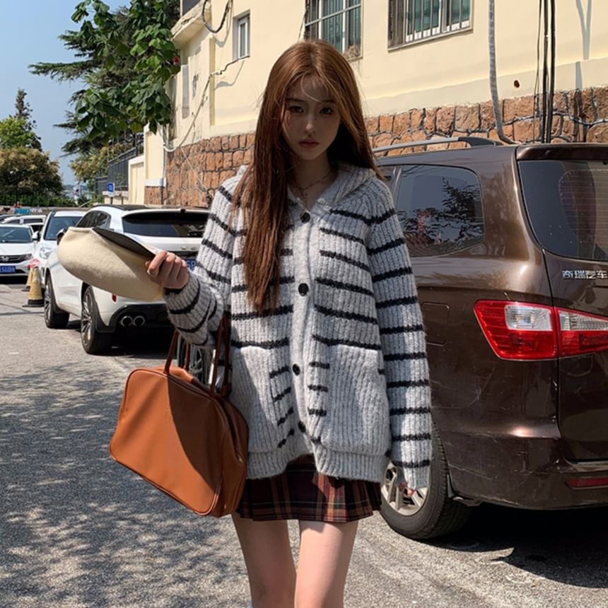 Hooded Striped Button-Up Cardigan