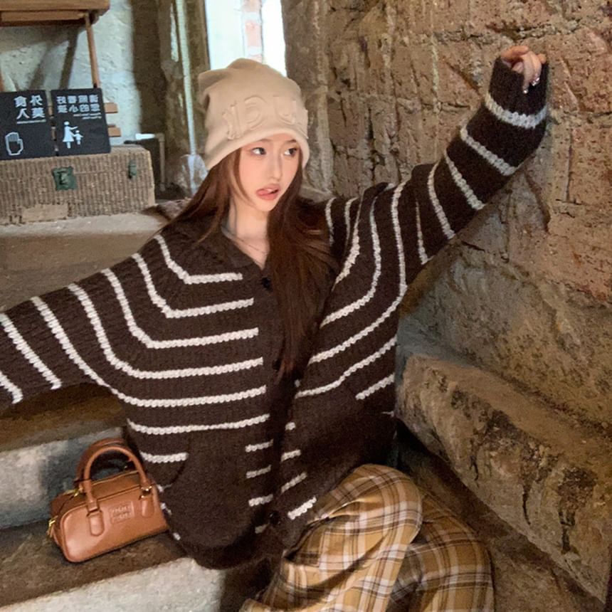 Hooded Striped Button-Up Cardigan