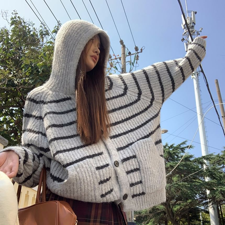Hooded Striped Button-Up Cardigan