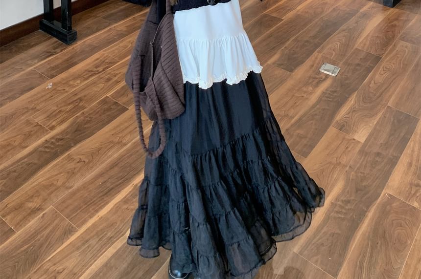 Plain Knit Top with Long Sleeves and Crop Sweater and High-Waist Maxi A-Line Skirt
