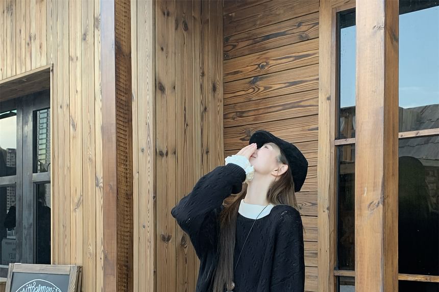 Plain Knit Top with Long Sleeves and Crop Sweater and High-Waist Maxi A-Line Skirt