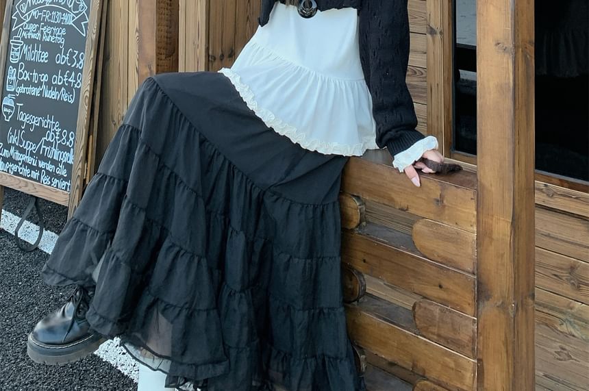 Plain Knit Top with Long Sleeves and Crop Sweater and High-Waist Maxi A-Line Skirt