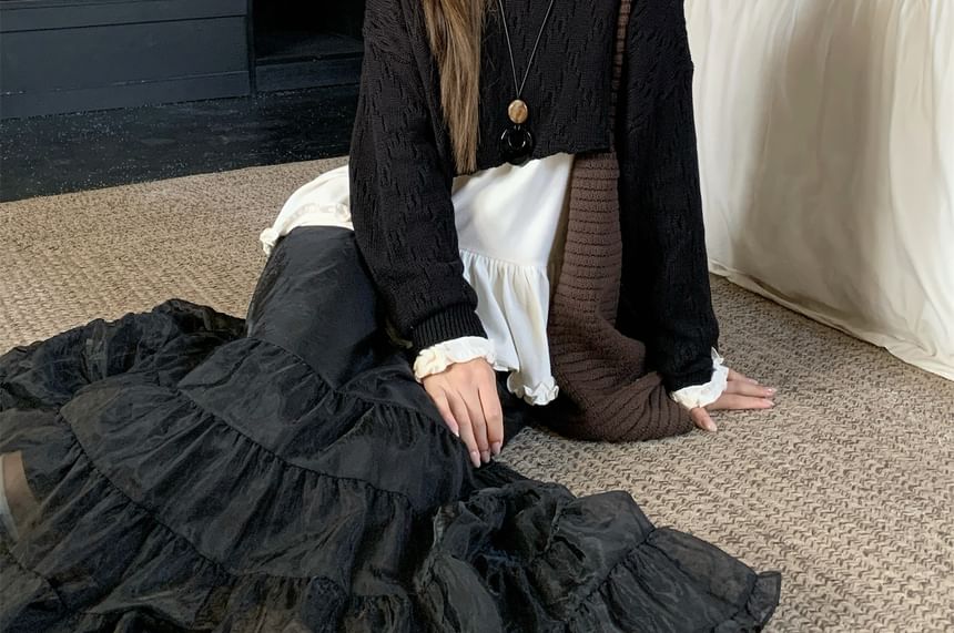 Plain Knit Top with Long Sleeves and Crop Sweater and High-Waist Maxi A-Line Skirt