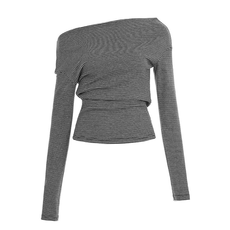 Striped Slim-Fit Tee with Off-Shoulder Neckline and Long Sleeves