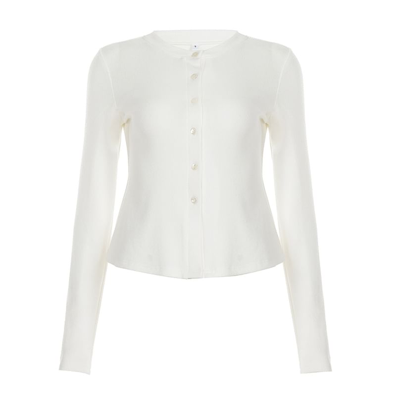 Button-Front Peplum Blouse with Round Neckline and Extended Sleeves