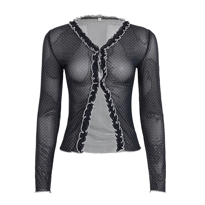 Sheer Polka Dot Top with Ruffled V-Neckline and Long Sleeves