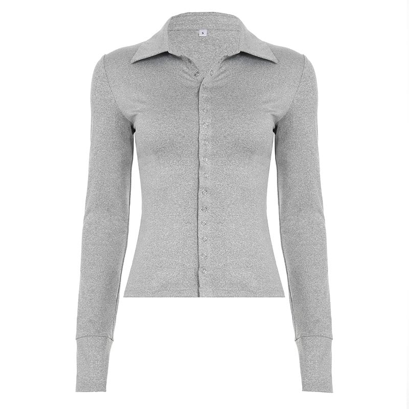 Slim-Fit Button-Up Polo Top with Long Sleeves in Solid Color