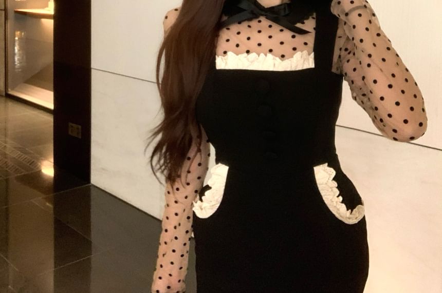 Long-Sleeve Round Neck Dotted Top / Spaghetti Strap Plain Mini Bodycon Dress