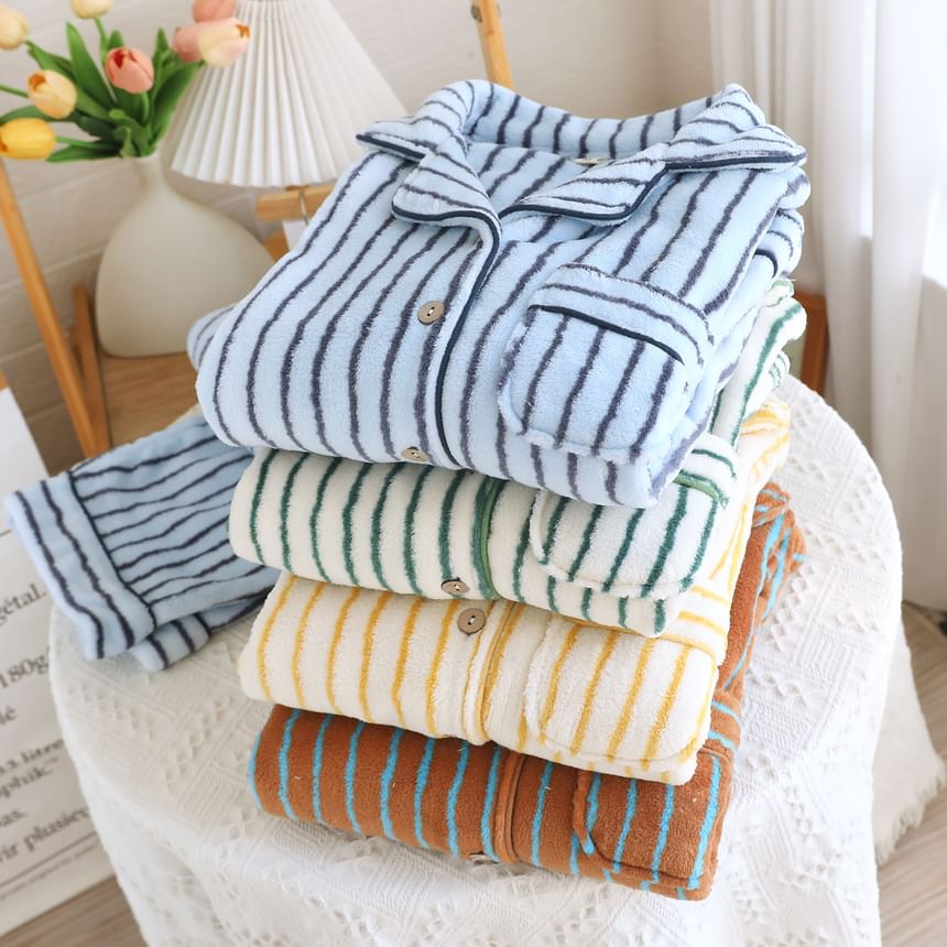 Couple Matching Pajama Set: Long-Sleeve Lapel Collar Striped Fleece Button Top + Pants (Various Designs)