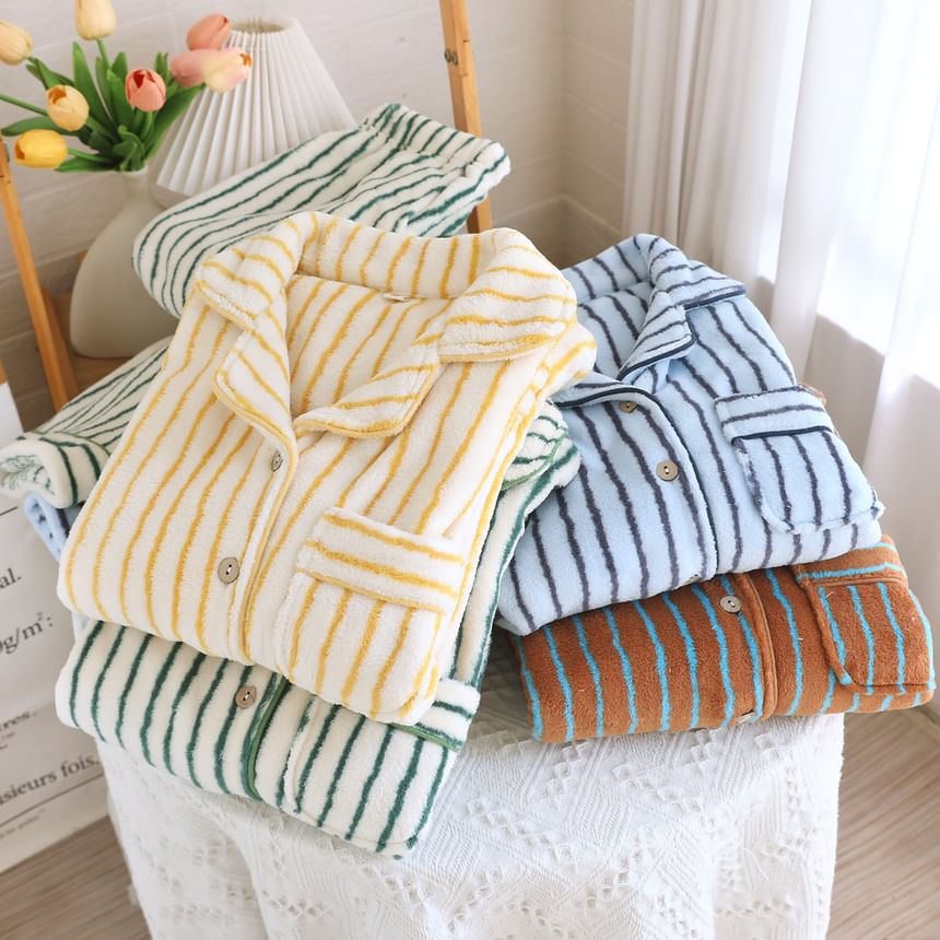Couple Matching Pajama Set: Long-Sleeve Lapel Collar Striped Fleece Button Top + Pants (Various Designs)