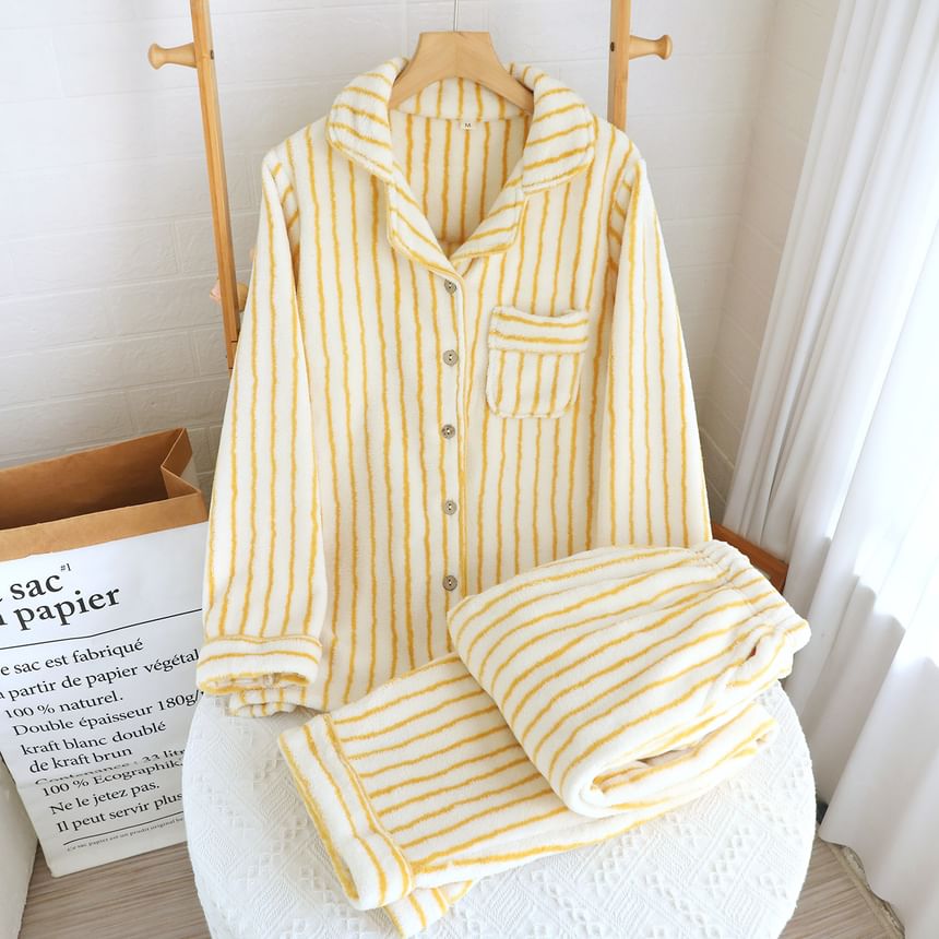 Couple Matching Pajama Set: Long-Sleeve Lapel Collar Striped Fleece Button Top + Pants (Various Designs)