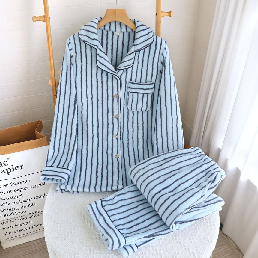 Couple Matching Pajama Set: Long-Sleeve Lapel Collar Striped Fleece Button Top + Pants (Various Designs)