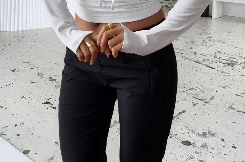 Slim-Fit Crop Top with Square Neck, Lace Panel, Tie-Front, and Long Sleeves