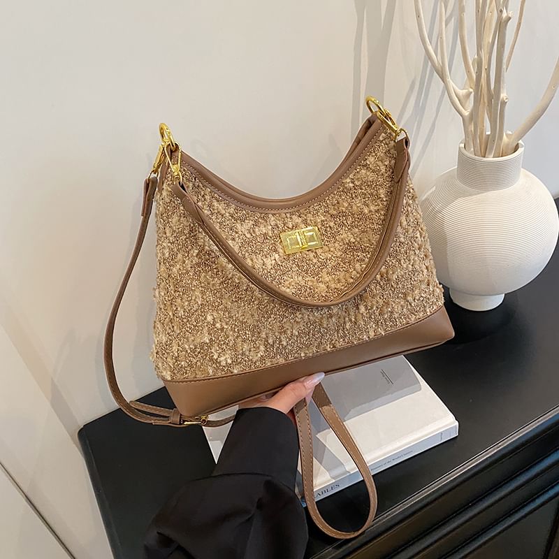 Buckled Panel Tweed Crossbody Shoulder Bag