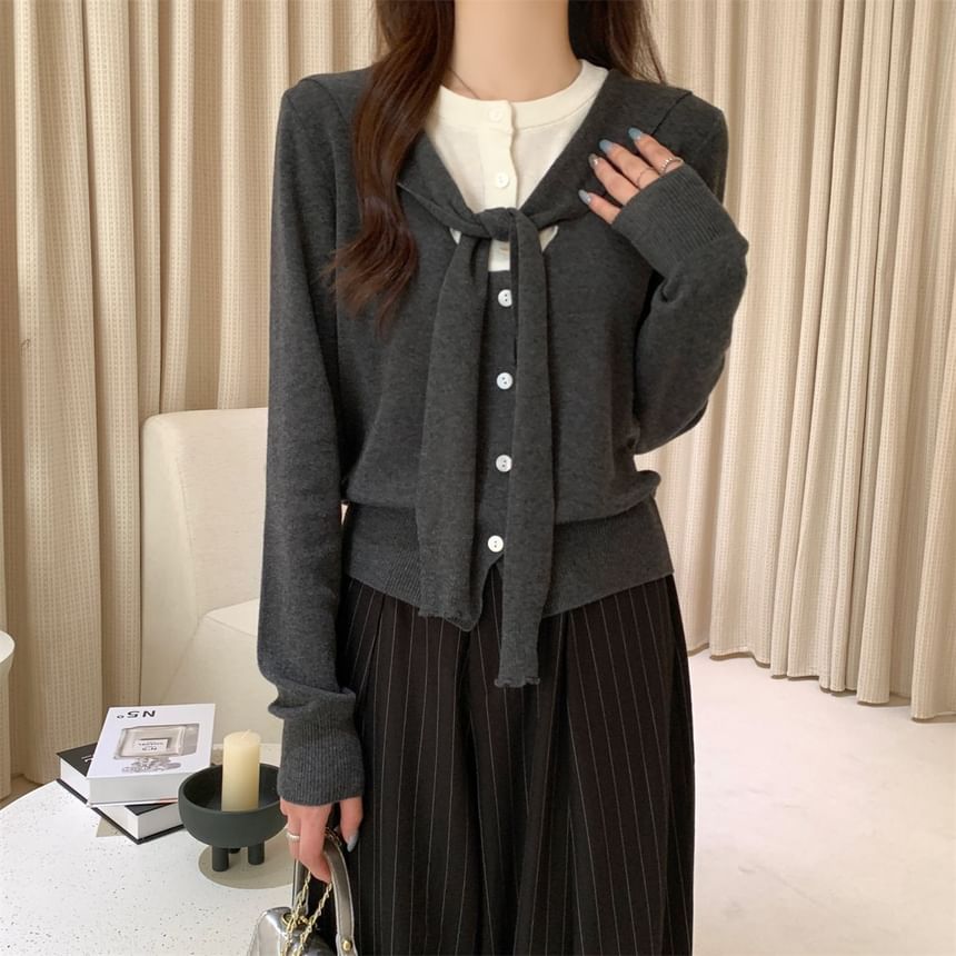 Mock Two-Piece V-Neck Plain Cardigan