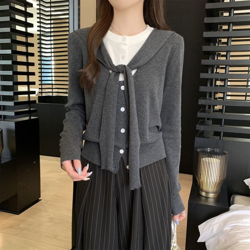 Mock Two-Piece V-Neck Plain Cardigan