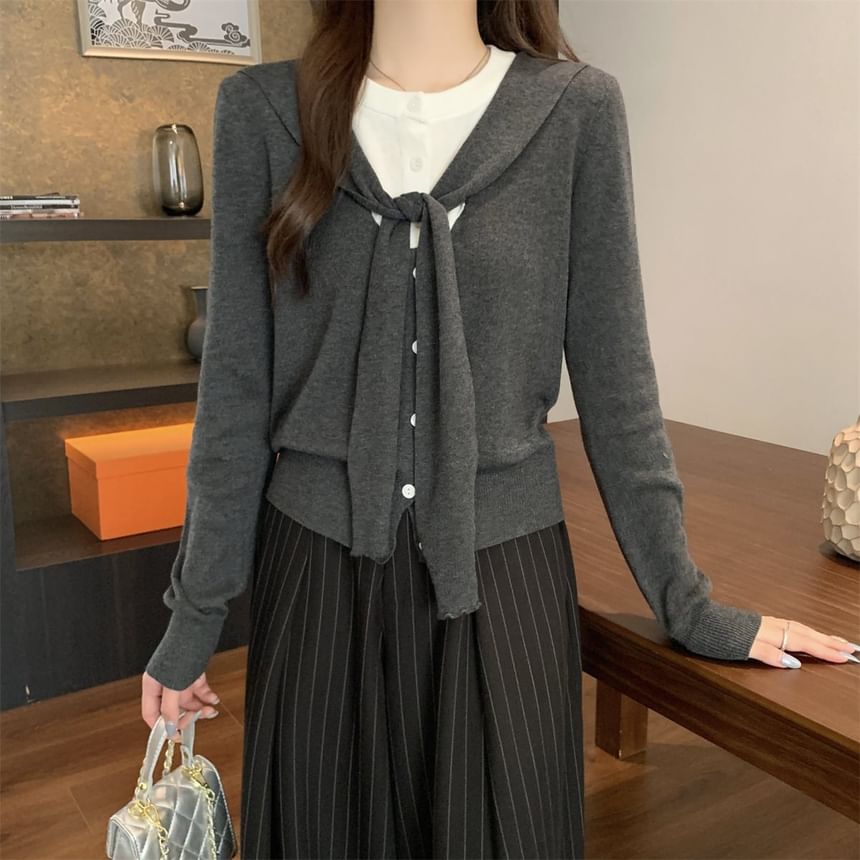 Mock Two-Piece V-Neck Plain Cardigan