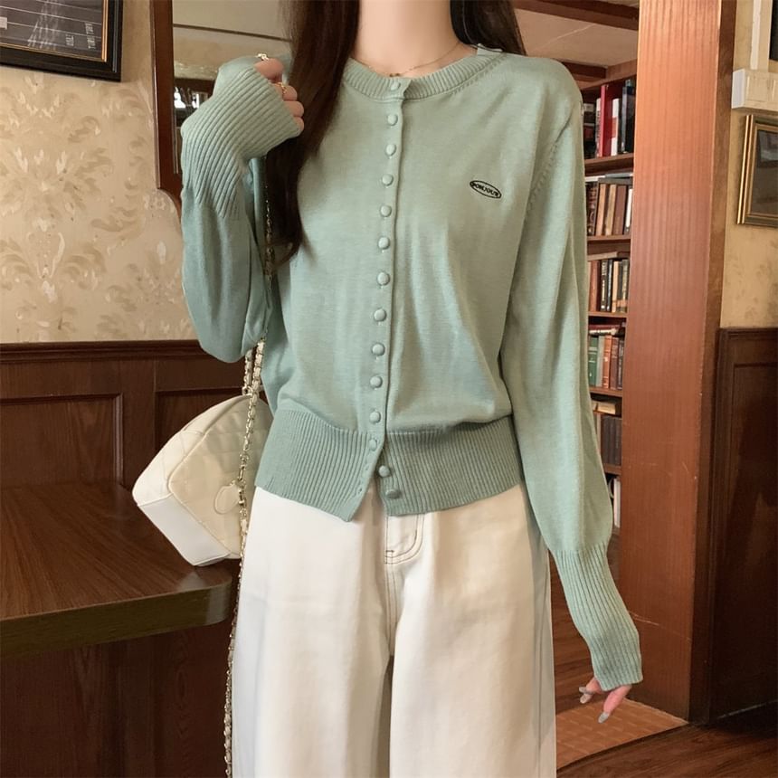 Crewneck Button-Up Plain Cardigan