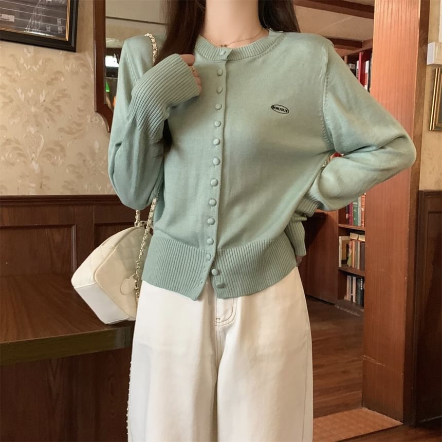 Crewneck Button-Up Plain Cardigan