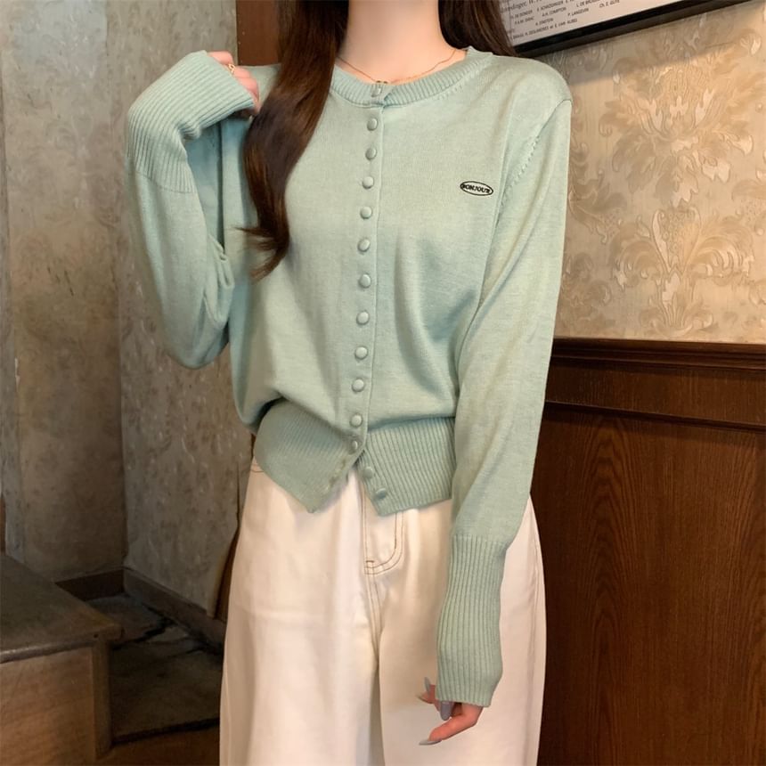 Crewneck Button-Up Plain Cardigan