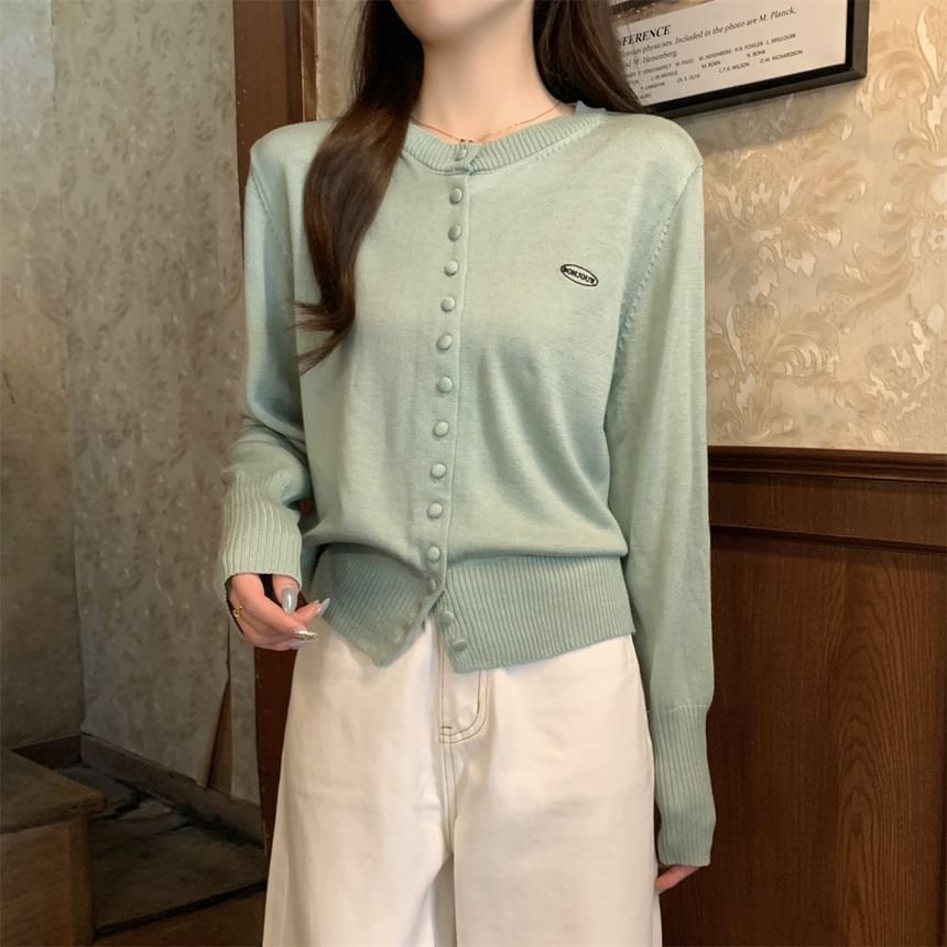Crewneck Button-Up Plain Cardigan