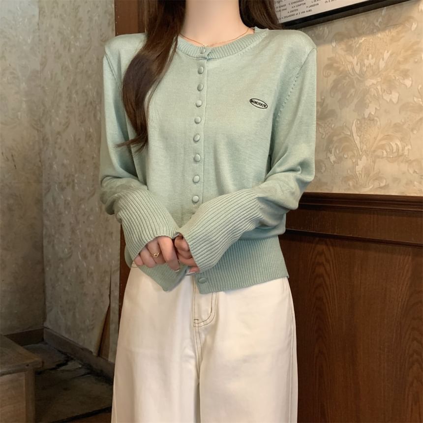 Crewneck Button-Up Plain Cardigan