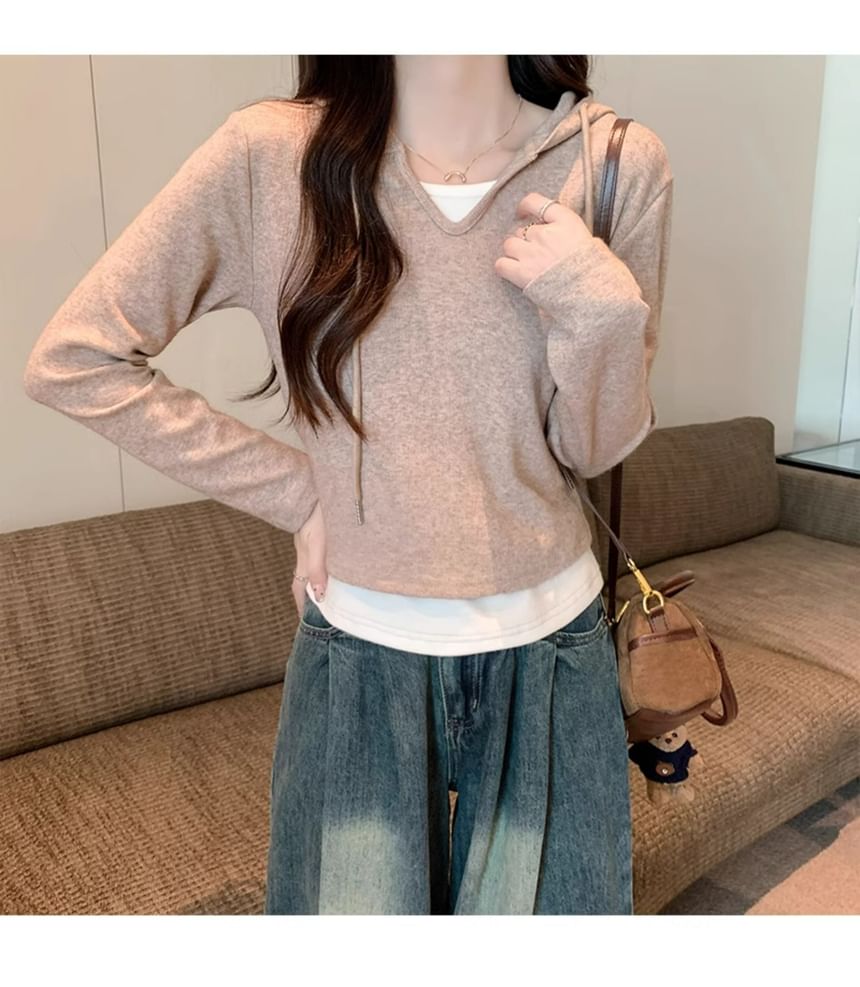 Mock Two-Piece Hood Top with Long Sleeves