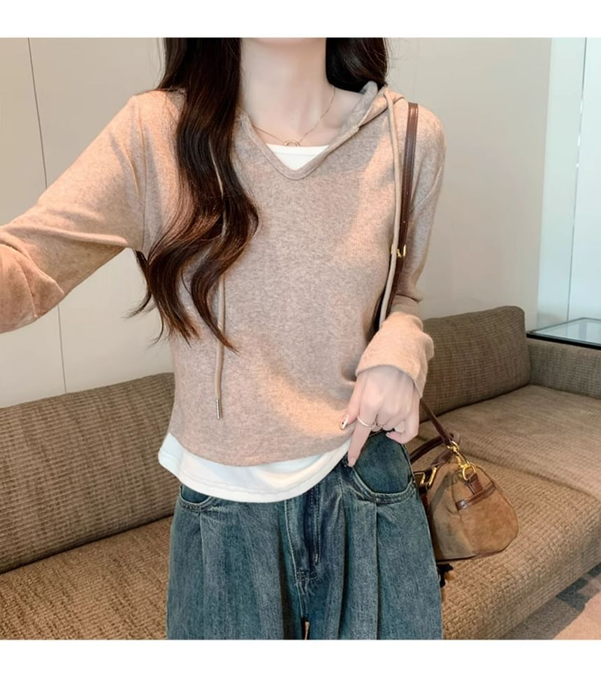Mock Two-Piece Hood Top with Long Sleeves