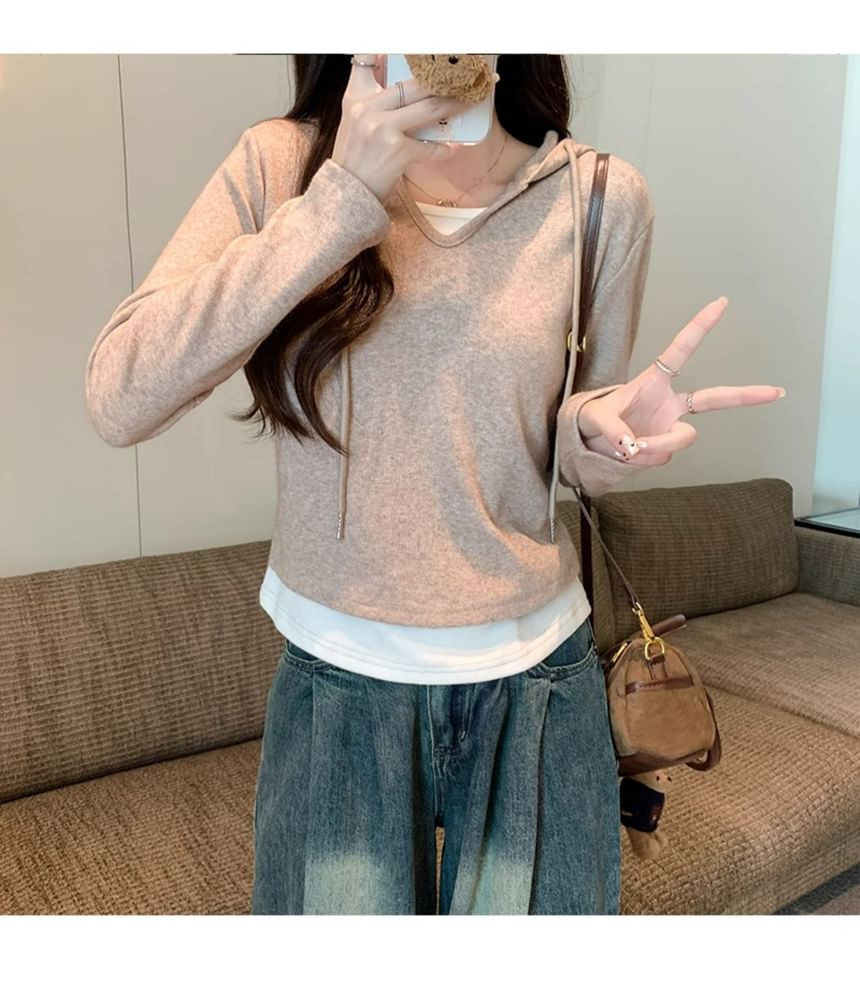 Mock Two-Piece Hood Top with Long Sleeves