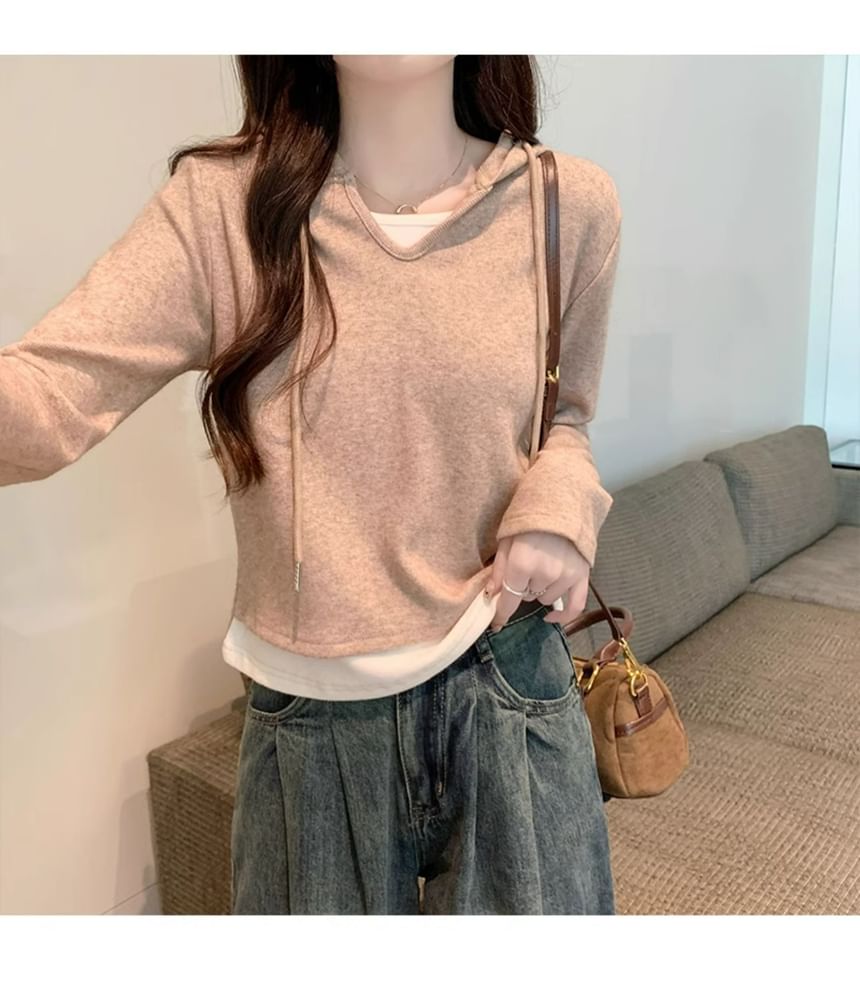 Mock Two-Piece Hood Top with Long Sleeves