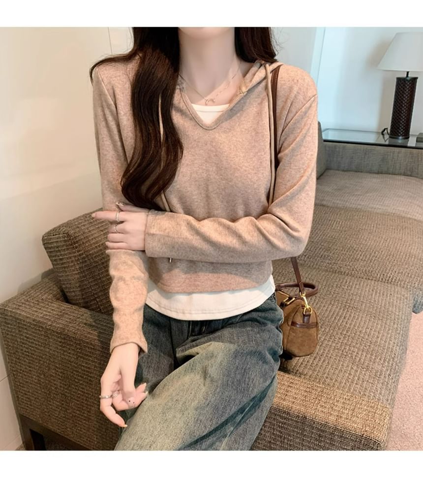 Mock Two-Piece Hood Top with Long Sleeves
