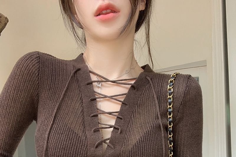 Ribbed Knit Top with Lace-Up V-Neck and Extended Sleeves