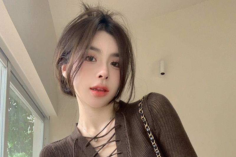 Ribbed Knit Top with Lace-Up V-Neck and Extended Sleeves