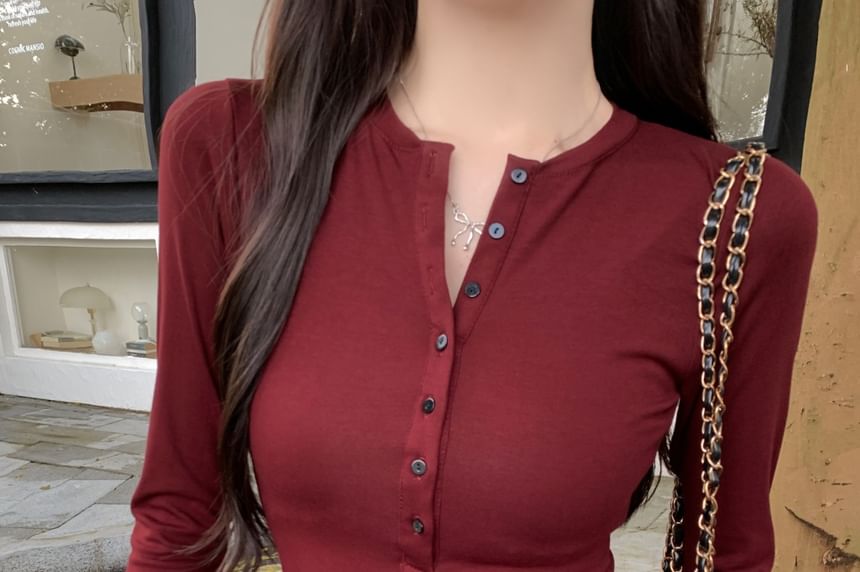 Classic Henley Tee with Long Sleeves and Solid Color Design