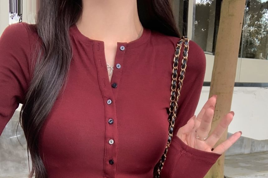 Classic Henley Tee with Long Sleeves and Solid Color Design