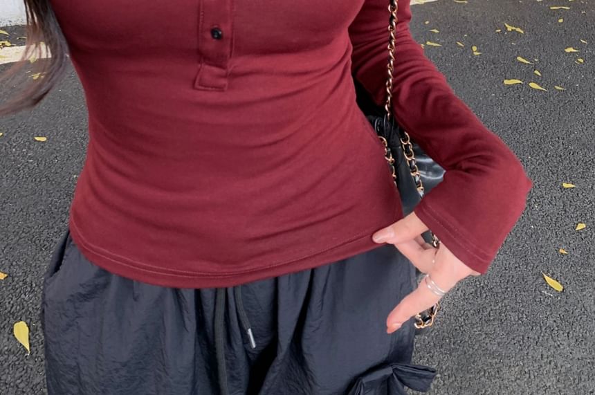 Classic Henley Tee with Long Sleeves and Solid Color Design
