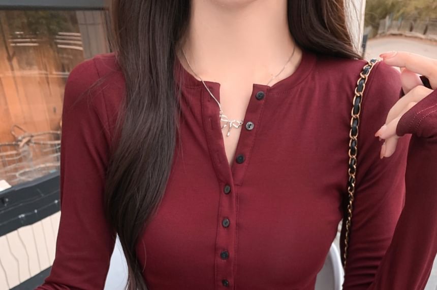 Classic Henley Tee with Long Sleeves and Solid Color Design