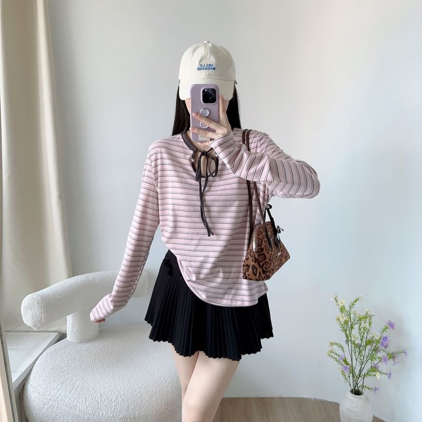 Striped Keyhole Tee with Tie Neck and Long Sleeves