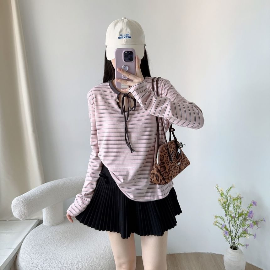 Striped Keyhole Tee with Tie Neck and Long Sleeves