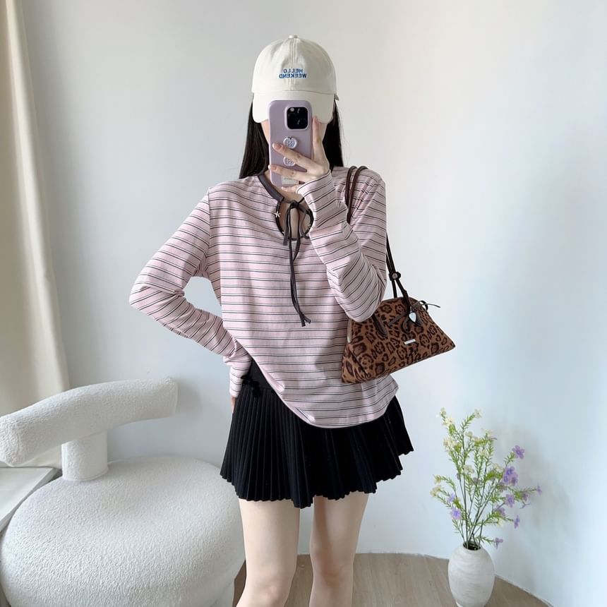 Striped Keyhole Tee with Tie Neck and Long Sleeves
