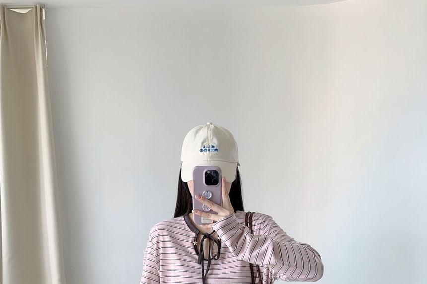 Striped Keyhole Tee with Tie Neck and Long Sleeves