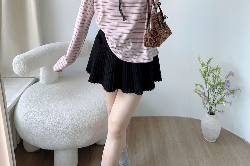 Striped Keyhole Tee with Tie Neck and Long Sleeves